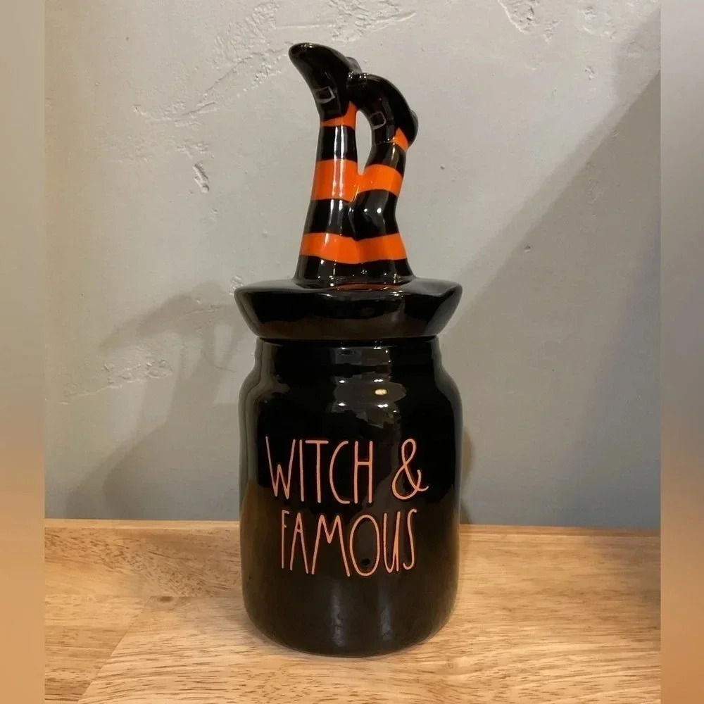 - Rae Dunn "WITCH AND FAMOUS" Canister w/Leg Topper. HALLOWEEN. Brand new!